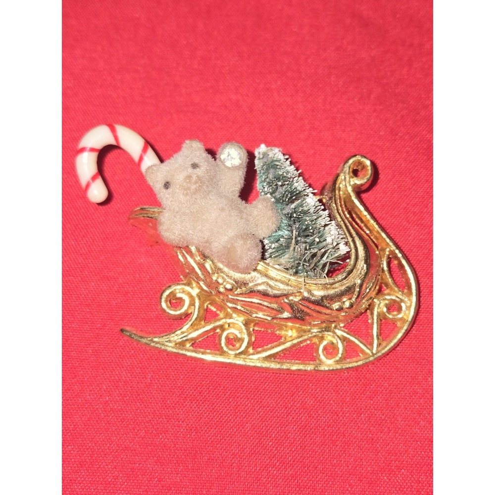 Vintage Christmas Sleigh Brooch Flocked Bear Bottle Brush Tree Candy Cane Pin